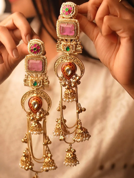 Alora Pink Stone Long Kashmiri Earring