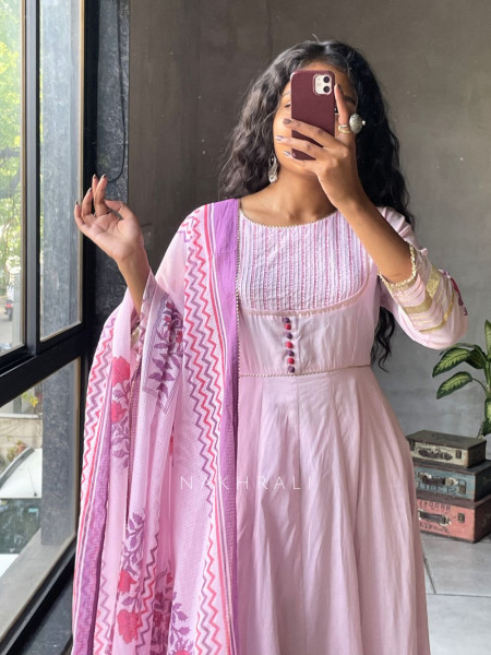 Mishka Pink Cotton Anarkali Suit Set with Print Work