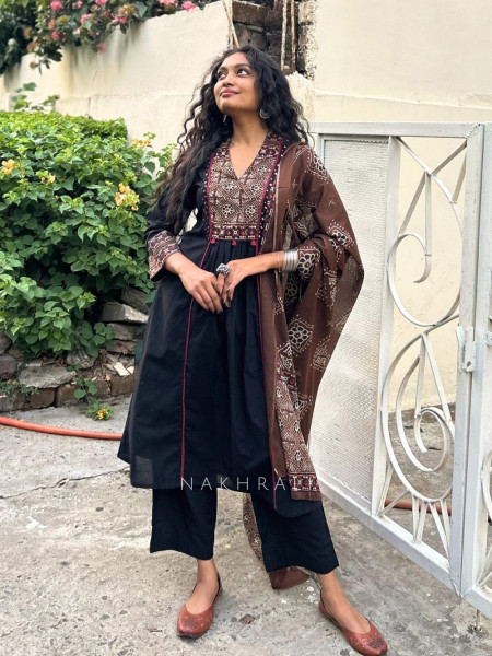 Vanika Black Suit Set with Printed Yoke and Dupatta