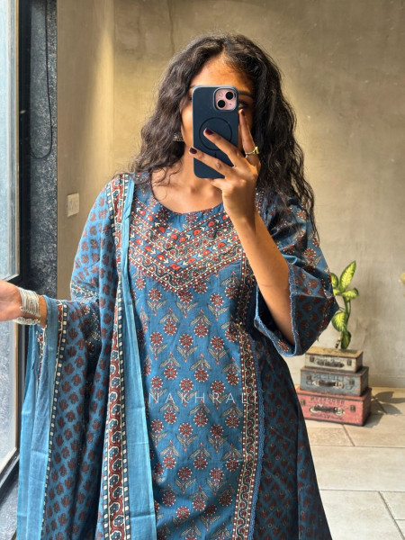 Tarin Blue Cotton Suit Set with Floral Print