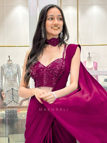 Midnight Glitz Wine Drape Saree with Embellished Blouse