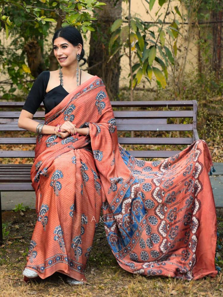 Image of Ira Peach Modal Saree with Traditional Motif Work