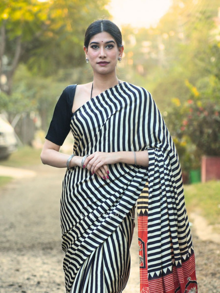 Nivara Black Modal Saree with Stripe and Printed Border