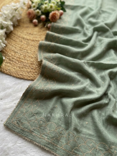 Saanjh Green Embroidered Dress Material