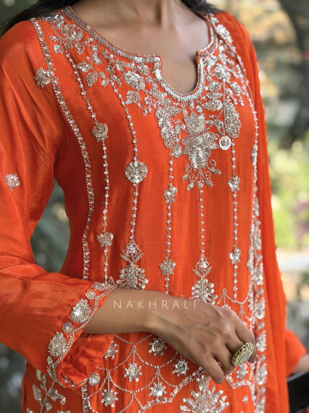 Brivya Orange Georgette Sharara Suit Set with Sequin Zari Work