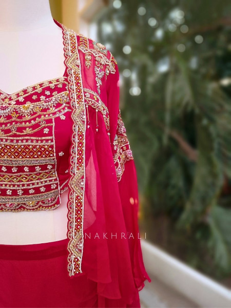 Ruhani Red Crop Top Skirt Set with Embroidered Shrug