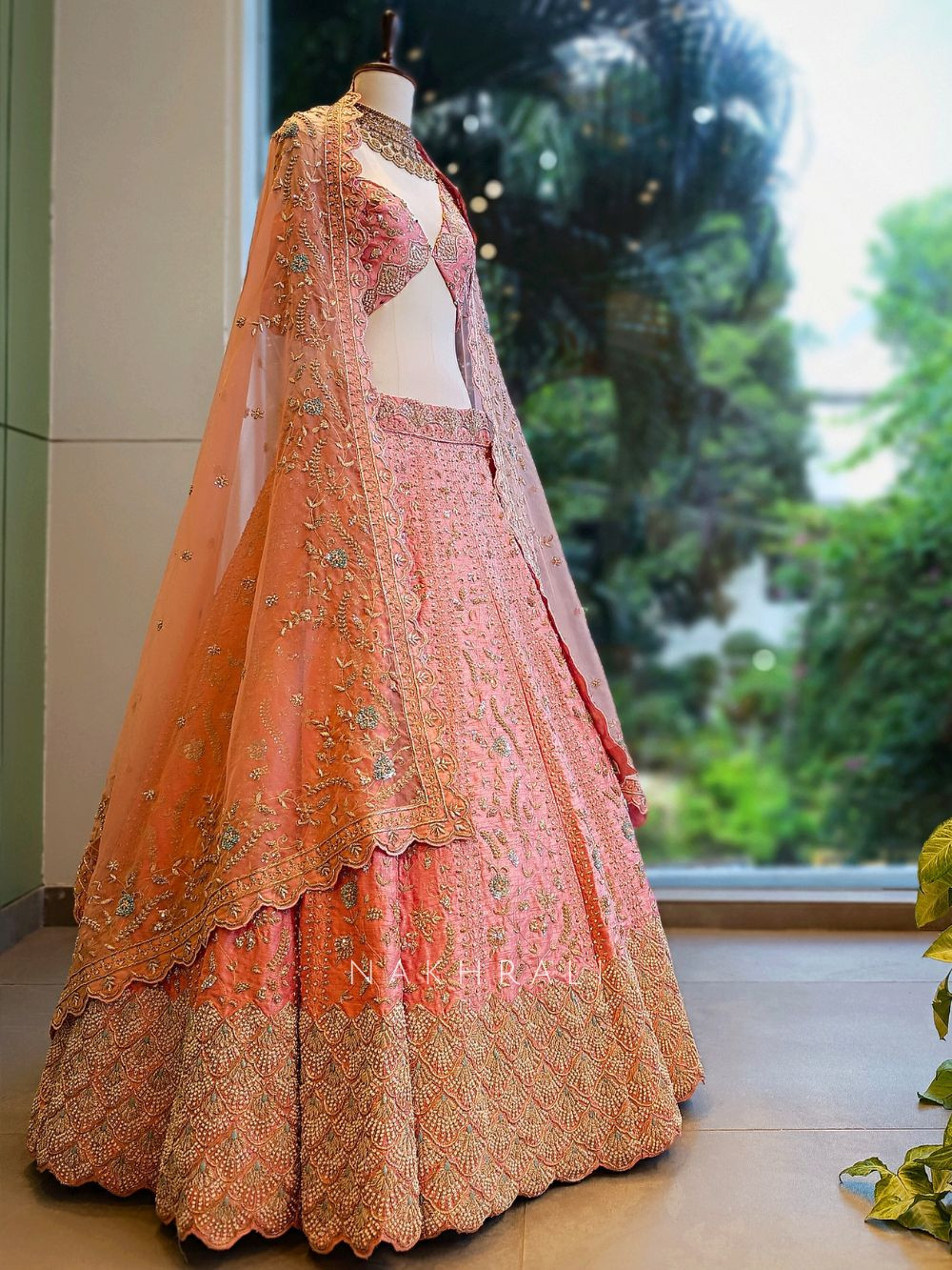 Peach Dola Silk Bridal Lehenga with Zardozi Work