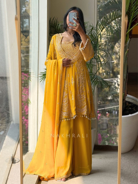 Zyara Yellow Suit Set with Cut Dana and Zari Work