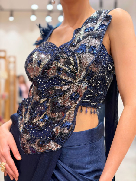Aero Blue Drape Saree With 3D Cutdana & Sequin Work