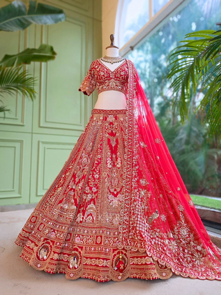 Image of Vermillion Red Silk Velvet Bridal Lehenga With Zardozi, Dabka &amp; Doli Motif Work