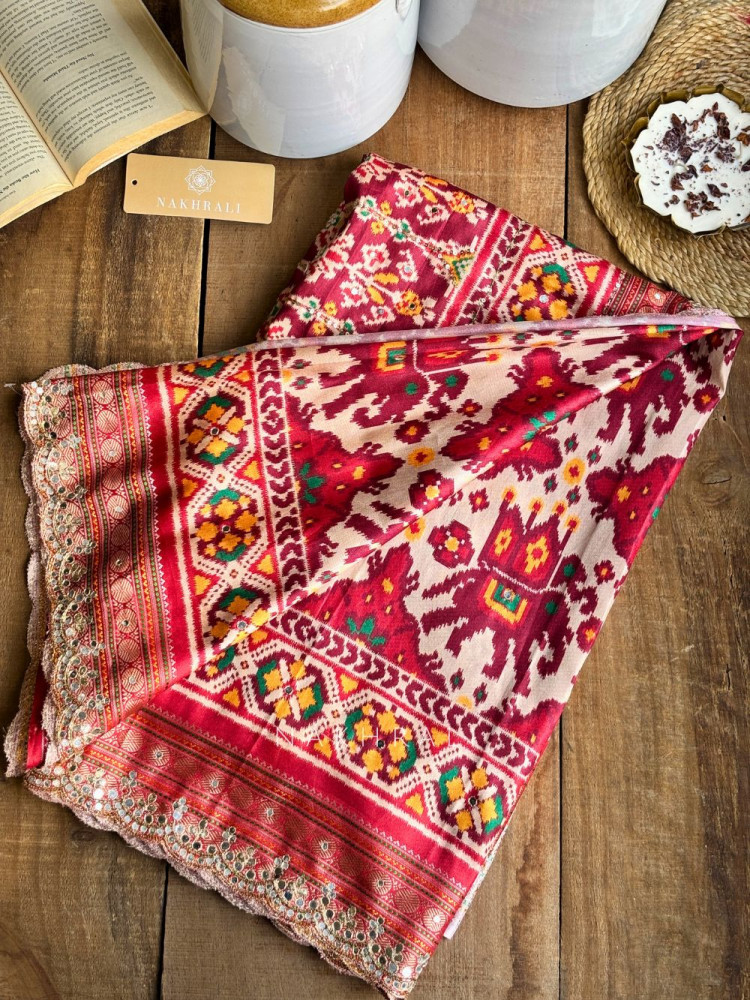 Image of Aarini Maroon Patola Print Saree with Mirror Work Border