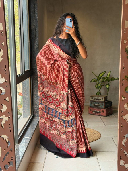 Raabta Red Modal Saree with Ajrak Border