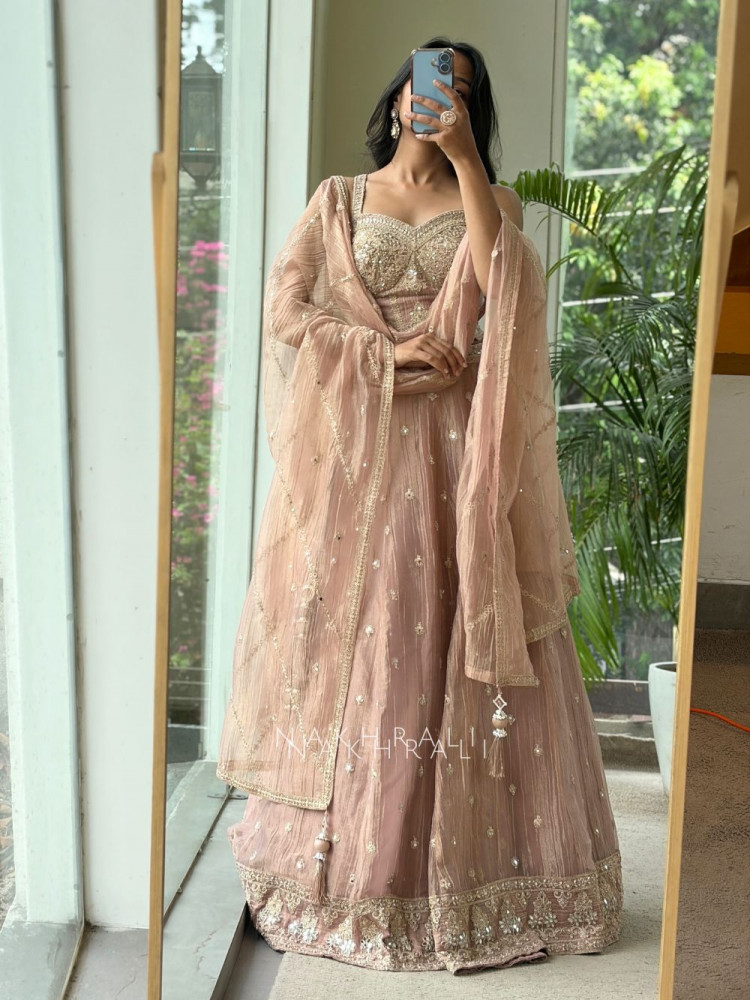 Image of Zuri Peach Embroidered Indo Western Lehenga Set