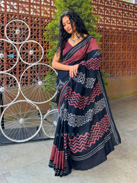 Midnight Loom Black Cotton Block Print Saree