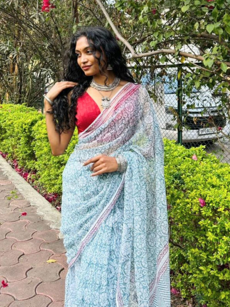 Image of Koshika Blue Kota Handblock Print Saree