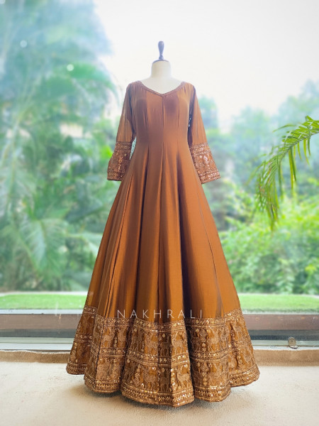 Yashvika Brown Raw Silk  Anarkali Suit Set