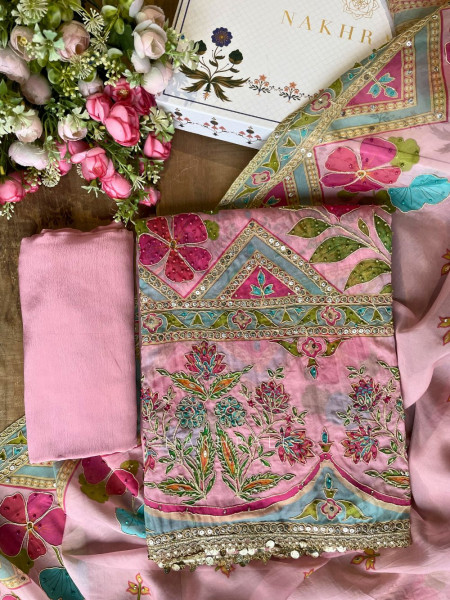 Gulrani Pink Embroidered Dress Material with Floral Geometric Work