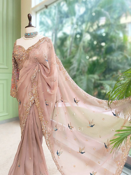 Avian Whimsy Light Purple Pure Organza Saree
