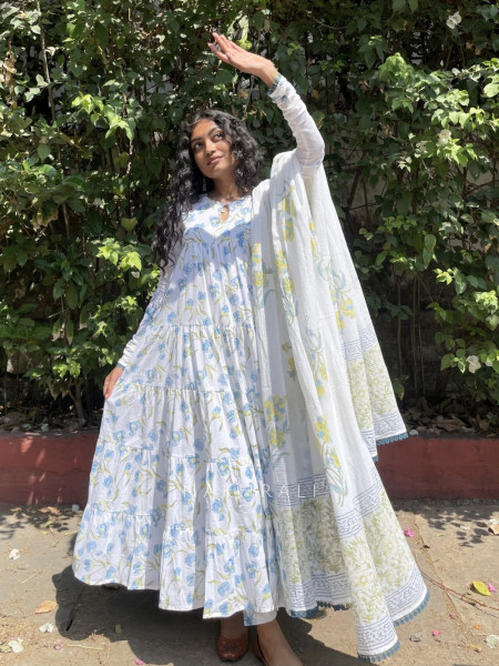 Kiyana Blue Cotton Suit Set with Floral Print