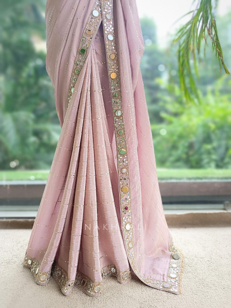 Mrinmayi Dusty Rose Crushed Georgette Saree with Readymade Blouse