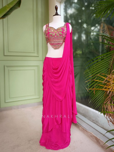 Fuchsia Magenta Pre-Drape Saree with Sequin, Beads, and Cut Dana Work