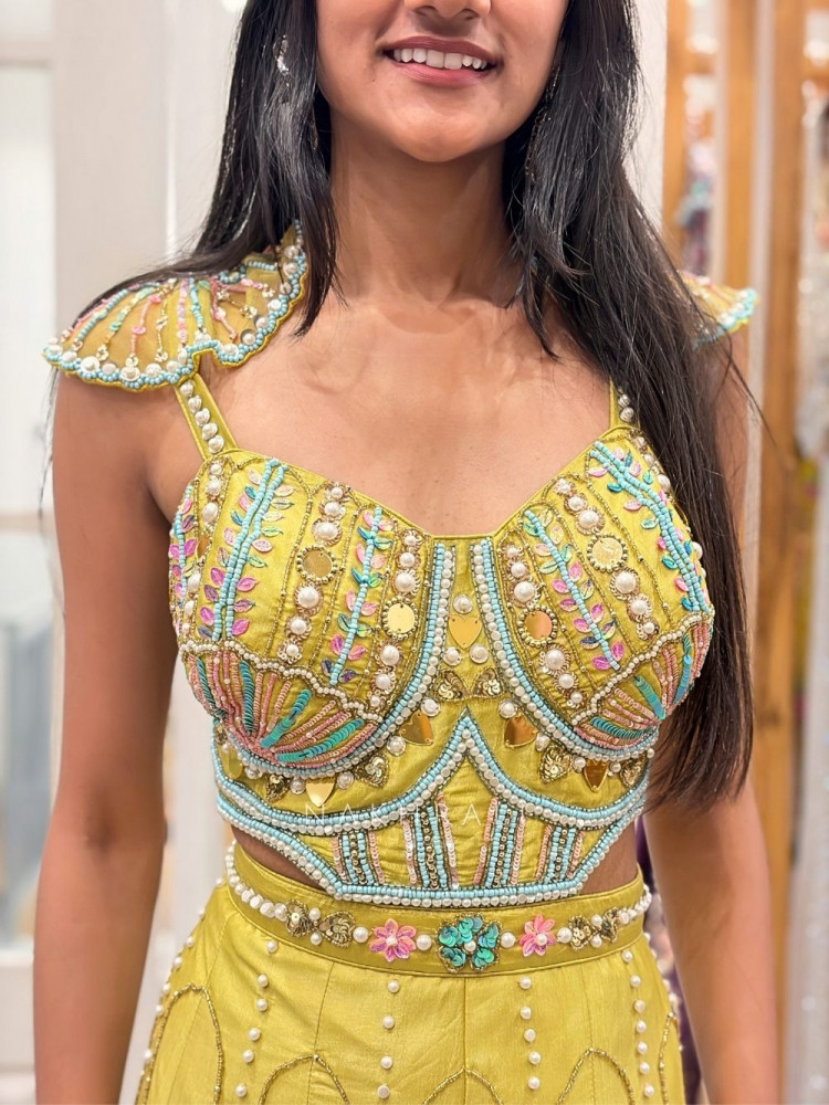 Image of Nymera Parrot Green Embellished Jumpsuit with Mirror Bead Work