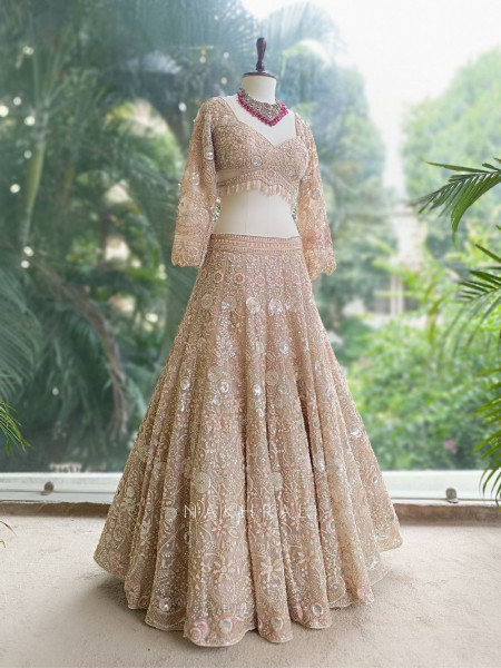 Noor-E-Jahan Beige Bridal Lehenga with Pearl and Beads Work