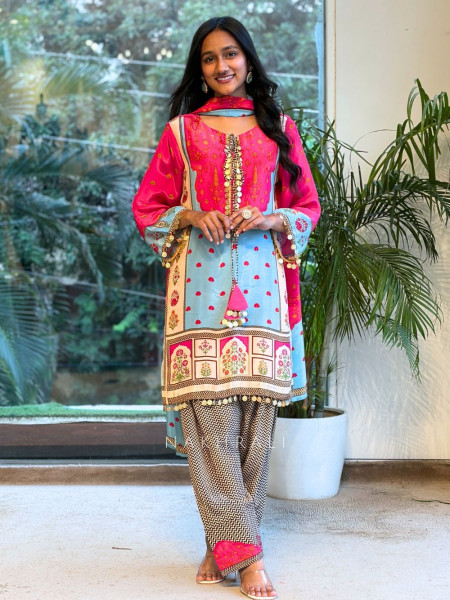 Jharokha Magenta Modal Satin Silk Suit Set