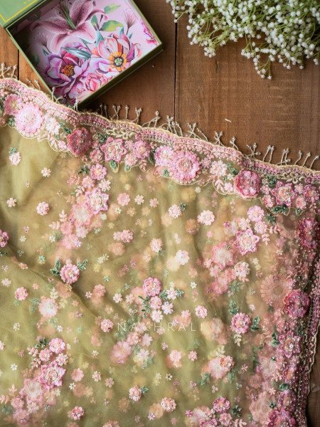 Odette Green Floral Embroidered Saree with Readymade Blouse