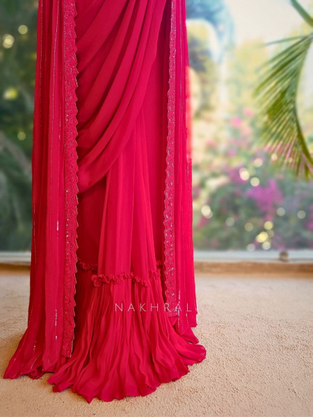 Serenara Red Drape Saree with Embellished Cape