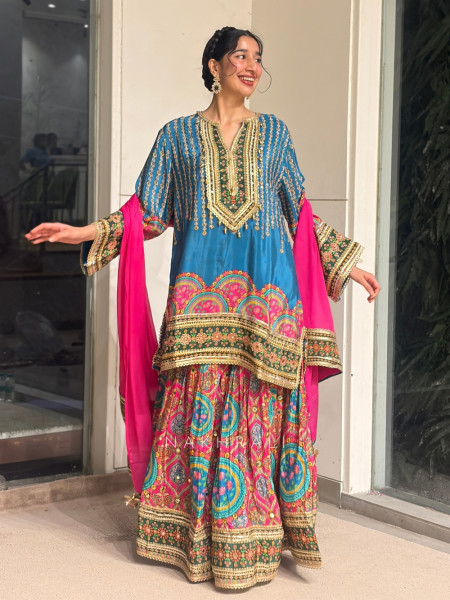 Sargam Blue Modal Satin Gharara Suit Set