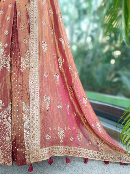 Surmayi Pink Onion Tissue Silk Indo-Western Lehenga