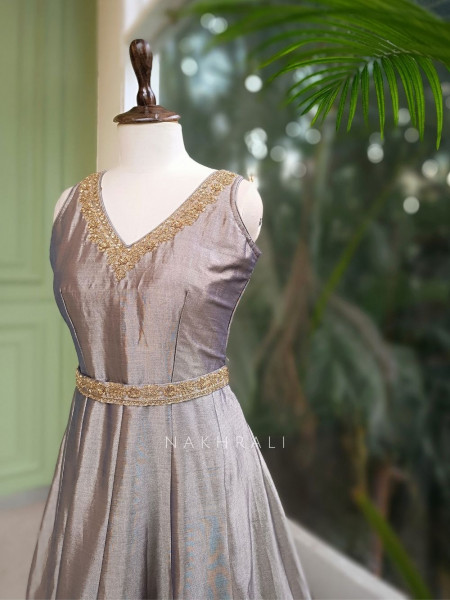 Virelle Grey Silk Anarkali Suit Set with Zari and Sequin Work