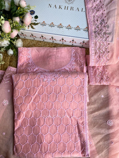 Ishira Pink Embroidered Cotton Dress Material Set