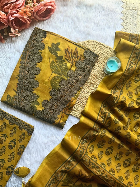 Vriksha Mehendi Green Floral Printed Dress Material with Lace Work