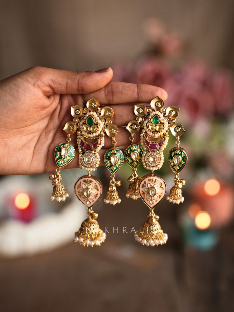 Image of Saanjh Kundan Enamel Jhumka Earrings