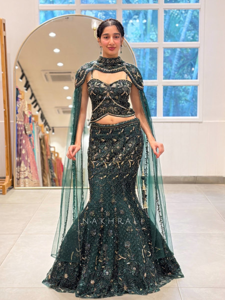 Gisele Bottle Green Net & Tulle Fish-Cut Cape Lehenga