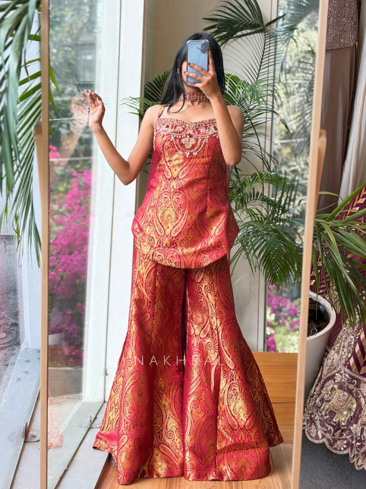 Image of Afsana Maroon Brocade Palazzo Kurta Set with Zari Bead Work