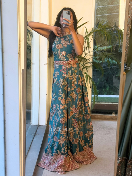 Ishvani Teal Blue Chanderi Silk Indo-Western Jumpsuit