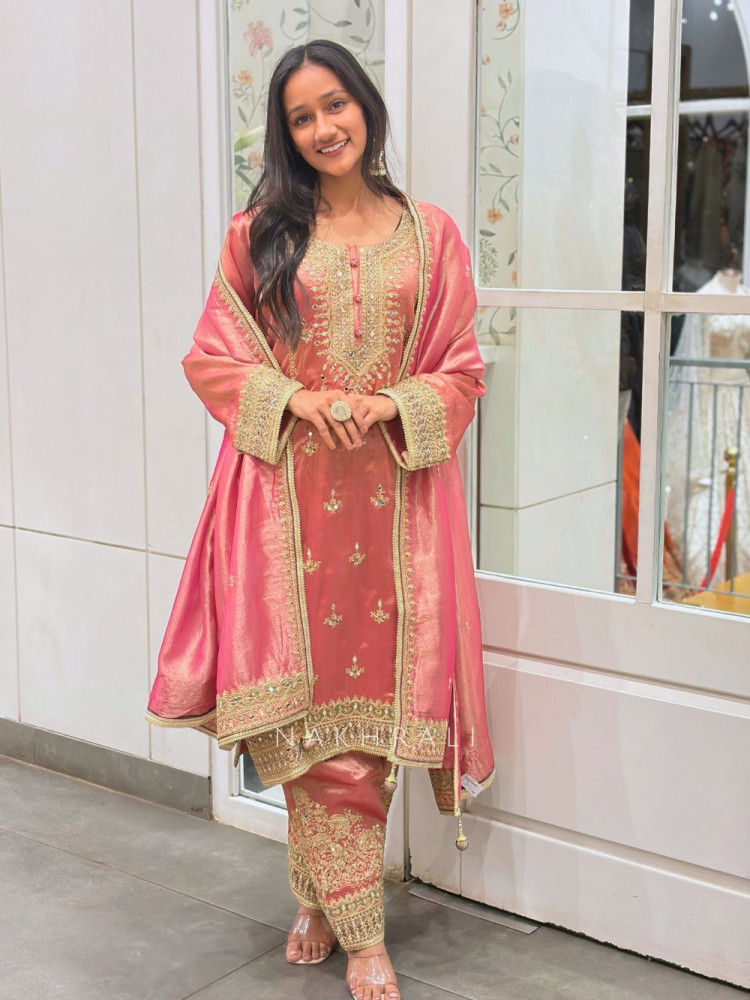 Image of Triveni Pink Zari Tissue Suit Set with Gota Patti Sequin Work