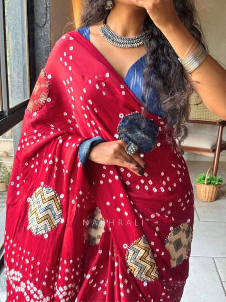 Manjari Red Bandhej Saree with Running Blouse Piece