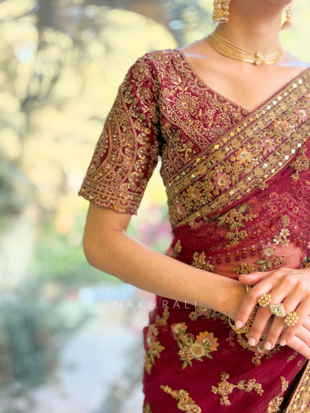 Yuvika Maroon Net Saree with Embroidery Work
