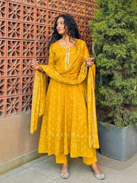 Zyora Mustard Cotton Suit Set with Mirror Work & Floral Print