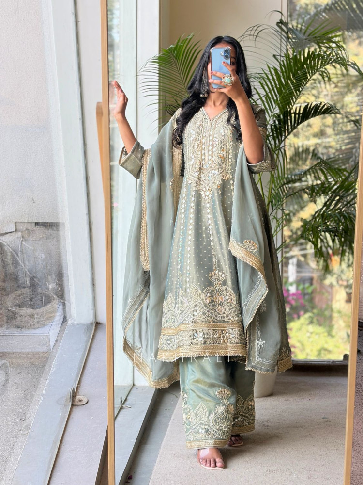 Image of Sylvara Grey Tissue Suit Set with Mirror and Gota Patti Work