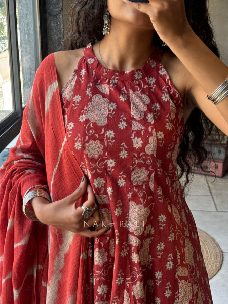 Gulnaar Maroon Rayon Cotton Anarkali Suit Set with Floral Print