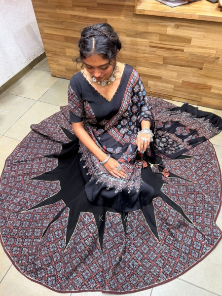 kalindi black Pure Cotton Chaniya Choli Ajrakh Kalamkari Patchwork & Gota Detail