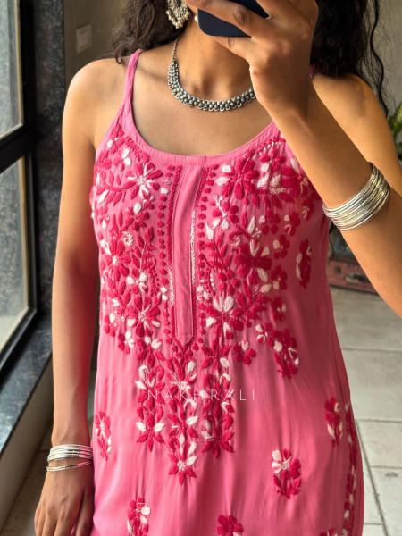 Solira Coral Pink Rayon Kurta Pant Set with Chikankari Work