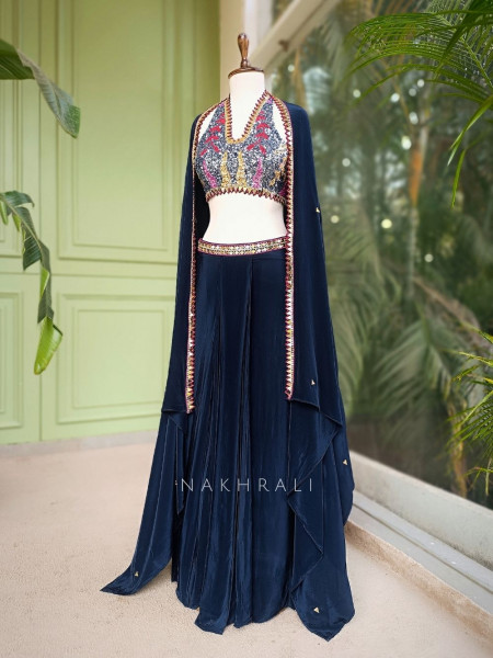 Willow Navy Blue Halter Indo-Western Set with Cape Shrug