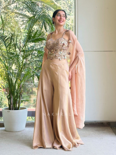 Zelvara Beige Embellished Corset & Palazzo Set with Dupatta