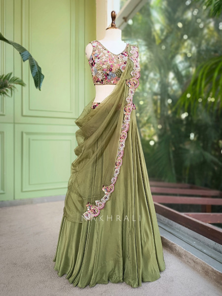 Gardenia Green Indo Western Lehenga with Thread Embroidery Work